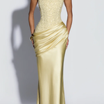 Alexandria Sequin Square Neck Back Lace-up Satin Drape Cowl Overlay Maxi Dress