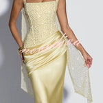 Alexandria Sequin Square Neck Back Lace-up Satin Drape Cowl Overlay Maxi Dress