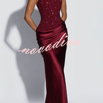 Alexandria Sequin Square Neck Back Lace-up Satin Drape Cowl Overlay Maxi Dress