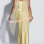 Alexandria Sequin Square Neck Back Lace-up Satin Drape Cowl Overlay Maxi Dress