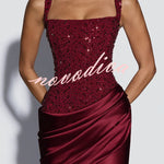 Alexandria Sequin Square Neck Back Lace-up Satin Drape Cowl Overlay Maxi Dress