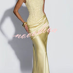 Alexandria Sequin Square Neck Back Lace-up Satin Drape Cowl Overlay Maxi Dress