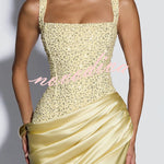 Alexandria Sequin Square Neck Back Lace-up Satin Drape Cowl Overlay Maxi Dress