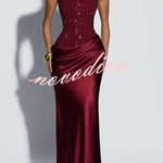 Alexandria Sequin Square Neck Back Lace-up Satin Drape Cowl Overlay Maxi Dress