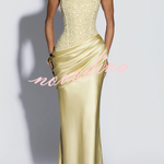 Alexandria Sequin Square Neck Back Lace-up Satin Drape Cowl Overlay Maxi Dress