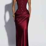 Alexandria Sequin Square Neck Back Lace-up Satin Drape Cowl Overlay Maxi Dress