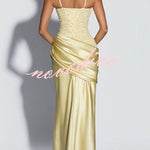Alexandria Sequin Square Neck Back Lace-up Satin Drape Cowl Overlay Maxi Dress